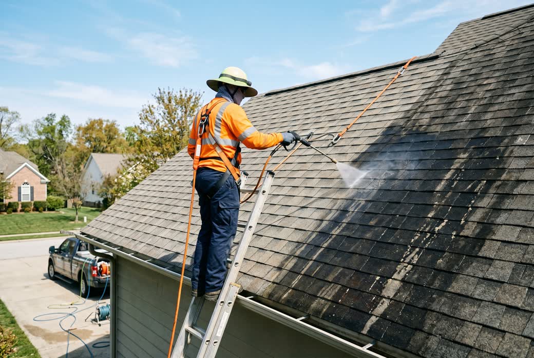 Soft washing a roof in Northern Colorado